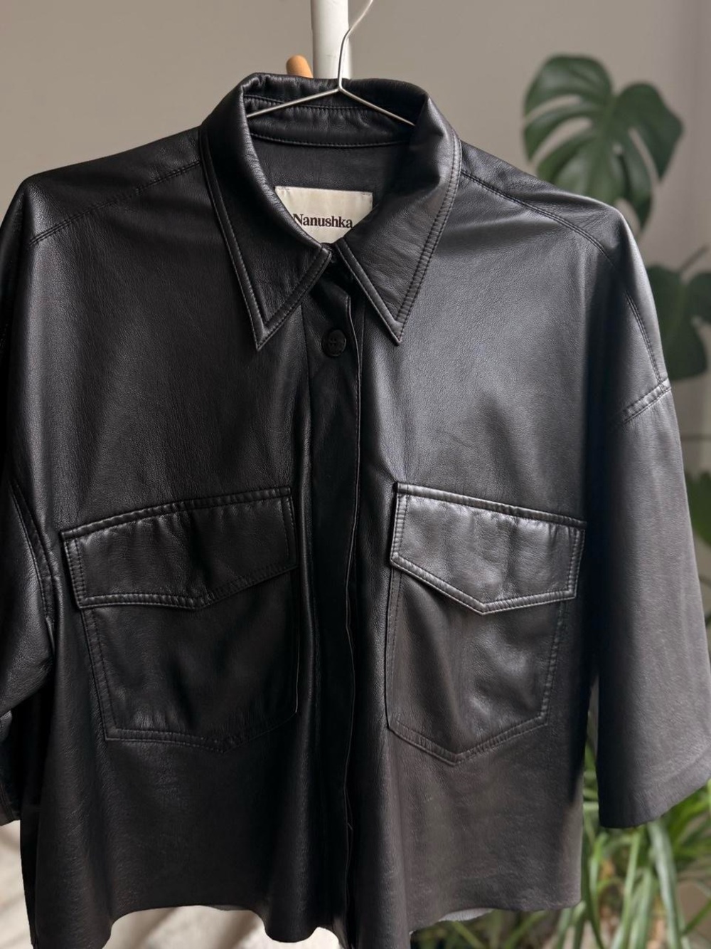 Nanushka Black Leather Button-Up Shirt Jacket M